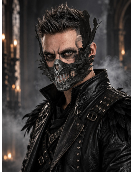 Masque bouche crâne avec plumes noires – Halloween gothique
