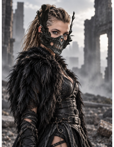 Masque bouche crâne avec plumes noires – Halloween gothique