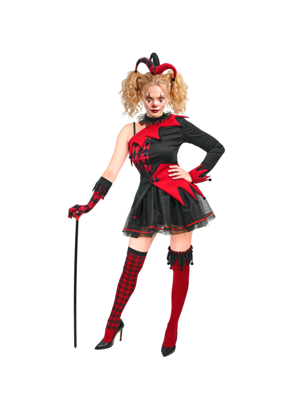 Déguisement bouffon maléfique femme rouge et noir – 8 éléments