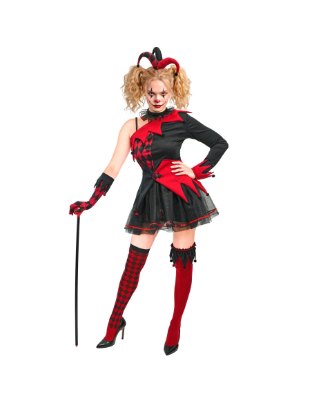 Déguisement bouffon maléfique femme rouge et noir – 8 éléments