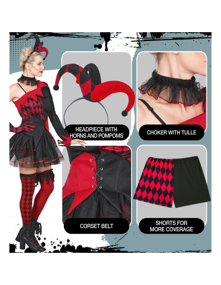 Déguisement bouffon maléfique femme rouge et noir – 8 éléments