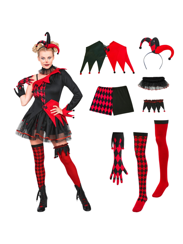 Déguisement bouffon maléfique femme rouge et noir – 8 éléments
