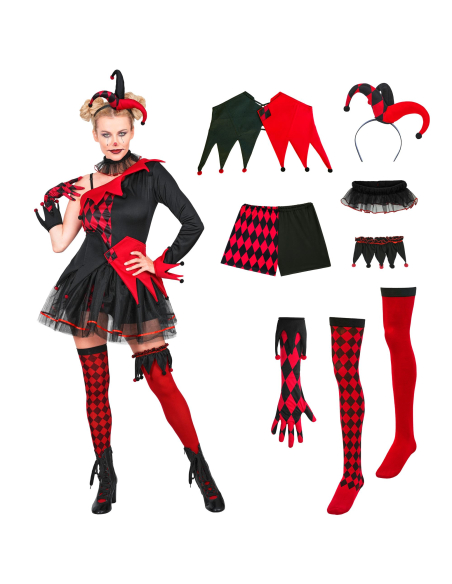 Déguisement bouffon maléfique femme rouge et noir – 8 éléments