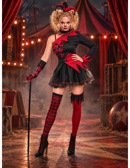 Déguisement bouffon maléfique femme rouge et noir – 8 éléments