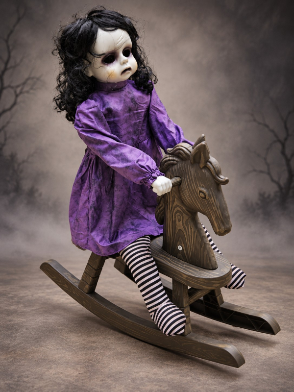 Automate poupée sur cheval à bascule Halloween – Son, lumière et mouvement
