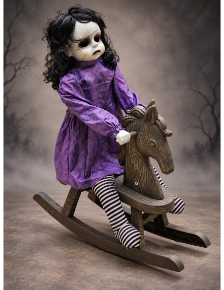 Automate poupée sur cheval à bascule Halloween – Son, lumière et mouvement