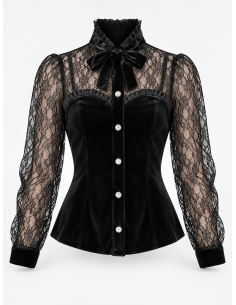 Chemisier gothique victorien noir en velours et dentelle – Femme face
