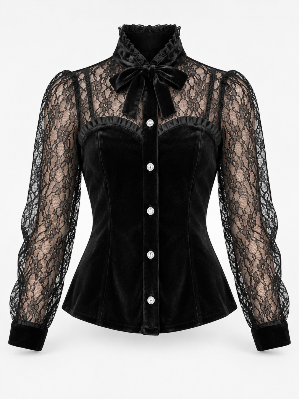 Chemisier gothique victorien noir en velours et dentelle – Femme face