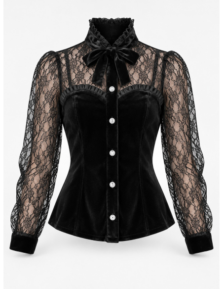 Chemisier gothique victorien noir en velours et dentelle – Femme face