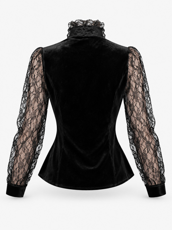 Chemisier gothique victorien noir en velours et dentelle – Femme dos