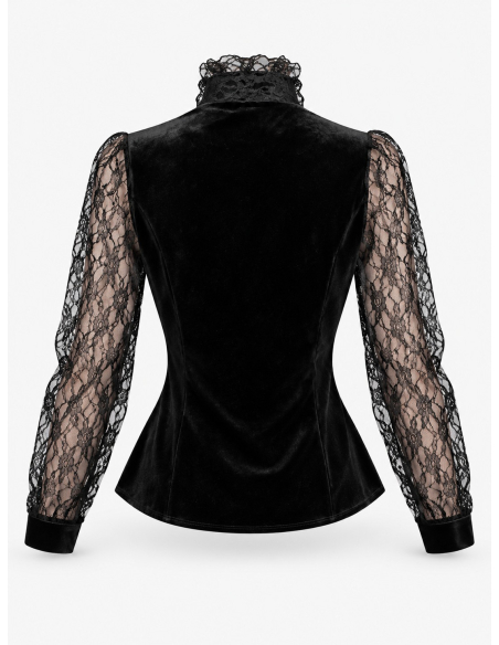 Chemisier gothique victorien noir en velours et dentelle – Femme dos