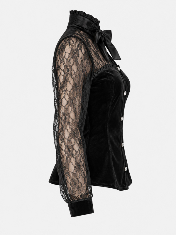 Chemisier gothique victorien noir en velours et dentelle – Femme profil