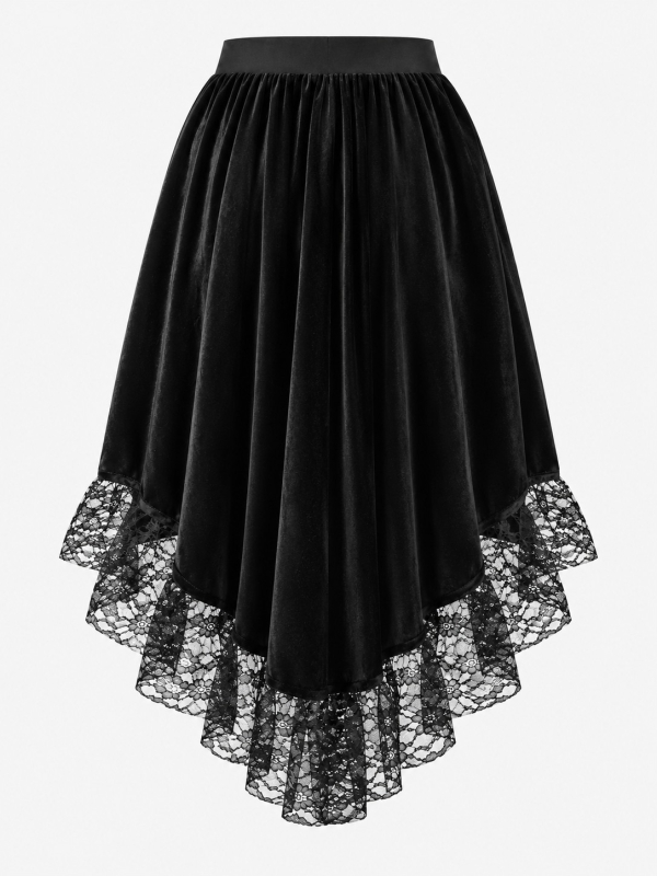 Jupe gothique victorienne asymétrique en velours et dentelle – Femme dos
