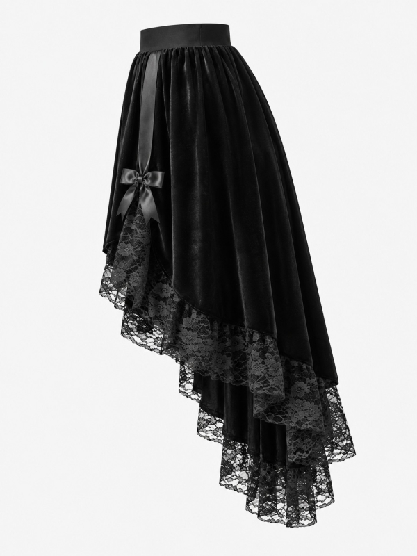 Jupe gothique victorienne asymétrique en velours et dentelle – Femme profil