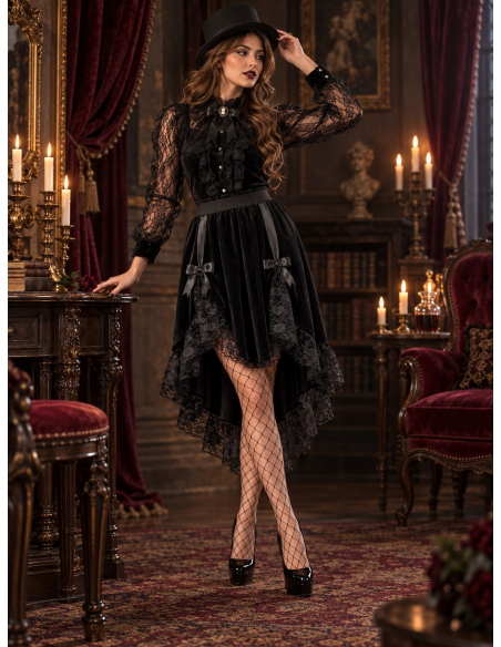 Jupe gothique victorienne asymétrique en velours et dentelle – Femme porté