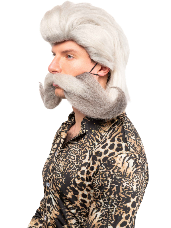 Moustache grise géante recourbée avec élastique – Déguisement homme