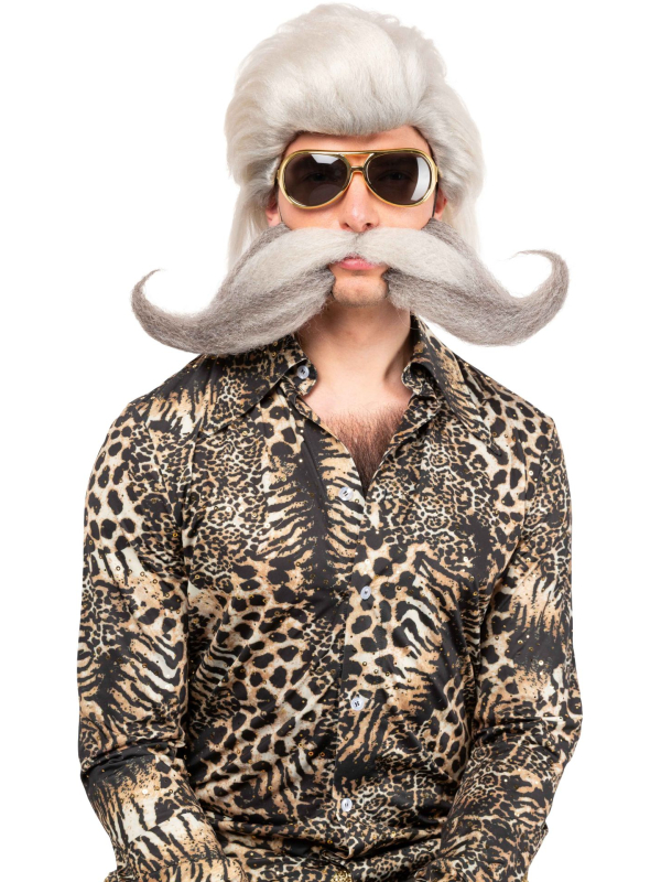 Moustache grise géante recourbée avec élastique – Déguisement homme