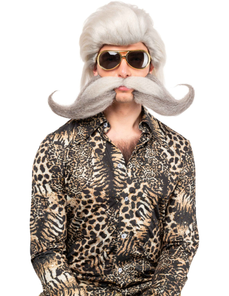 Moustache grise géante recourbée avec élastique – Déguisement homme