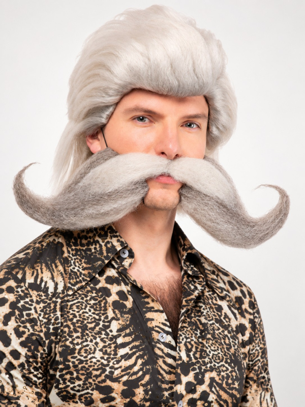 Moustache grise géante recourbée avec élastique – Déguisement homme