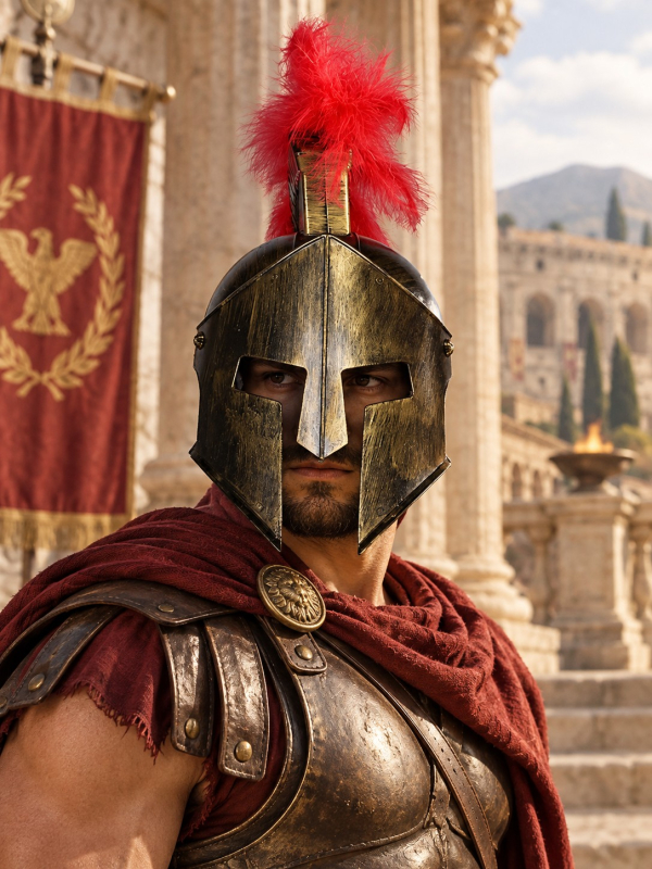 Casque de gladiateur romain adulte à crête rouge – effet bronze antique