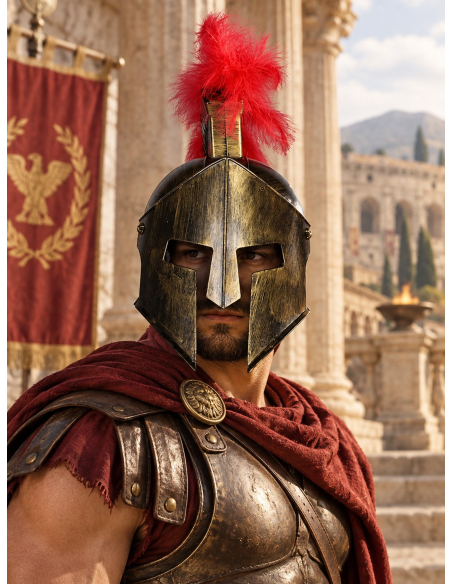 Casque de gladiateur romain adulte à crête rouge – effet bronze antique