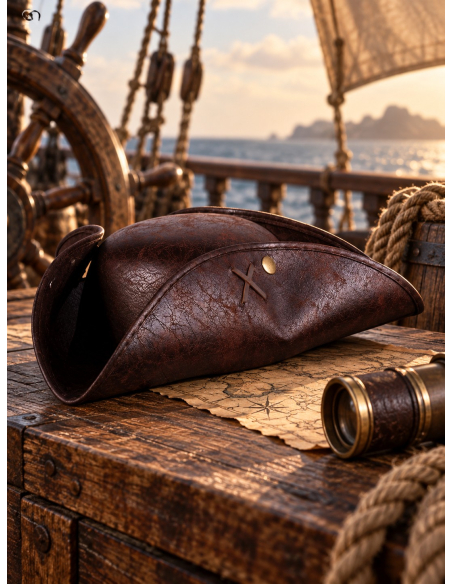 Chapeau tricorne pirate adulte marron aspect cuir vieilli