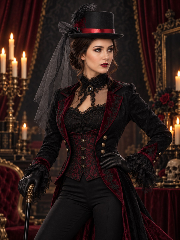 Chapeau haut-de-forme vampire avec voile et plumes – Adulte