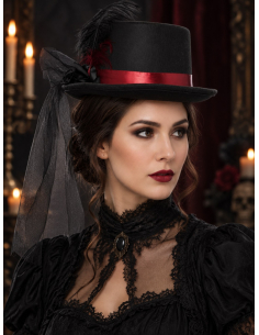 Chapeau haut-de-forme vampire avec voile et plumes – femme