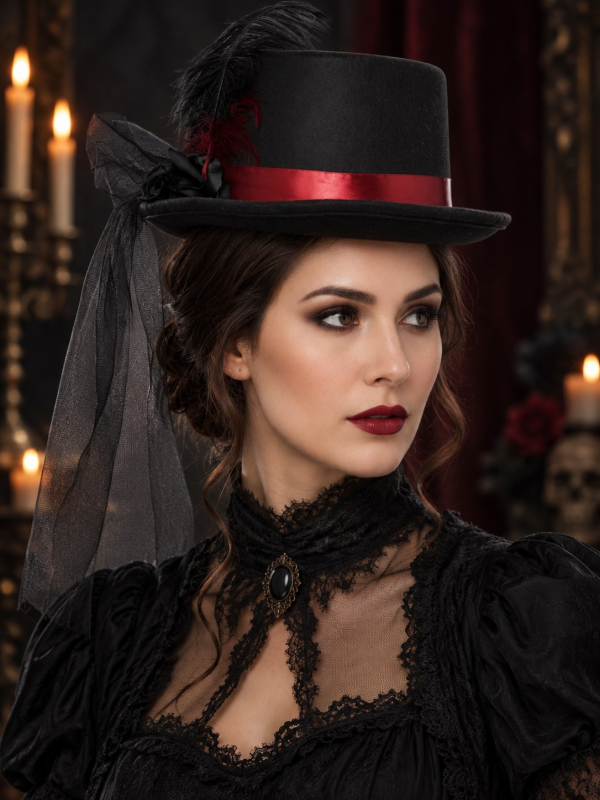 Chapeau haut-de-forme vampire avec voile et plumes – femme