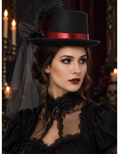 Chapeau haut-de-forme vampire avec voile et plumes – femme