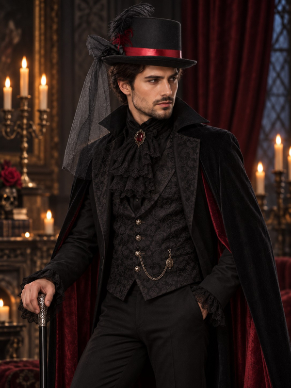 Chapeau haut-de-forme vampire avec voile et plumes – homme