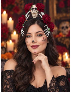 Serre-tête Dia de los Muertos avec crâne, roses rouges et mains squelette 2