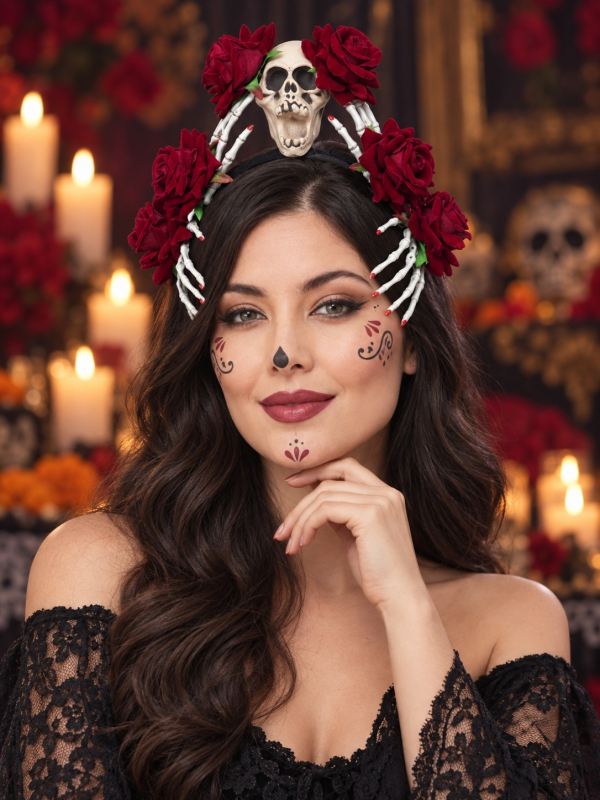 Serre-tête Dia de los Muertos avec crâne, roses rouges et mains squelette
