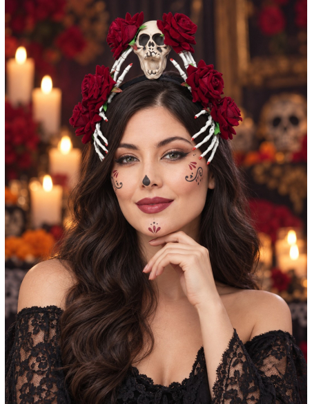 Serre-tête Dia de los Muertos avec crâne, roses rouges et mains squelette