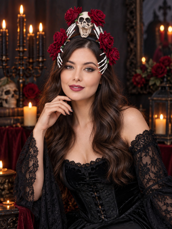 Serre-tête Dia de los Muertos avec crâne, roses rouges et mains squelette
