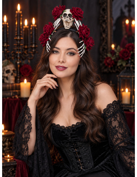 Serre-tête Dia de los Muertos avec crâne, roses rouges et mains squelette