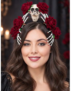 Serre-tête Dia de los Muertos avec crâne, roses rouges et mains squelette