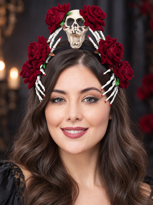 Serre-tête Dia de los Muertos avec crâne, roses rouges et mains squelette