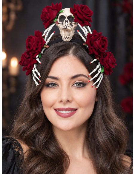 Serre-tête Dia de los Muertos avec crâne, roses rouges et mains squelette