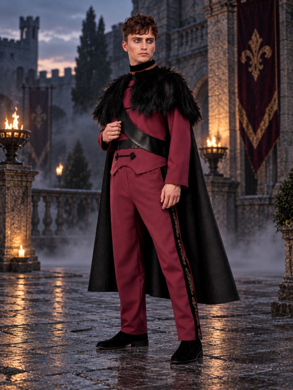 Déguisement prince gothique homme bordeaux – Haut, pantalon et cape