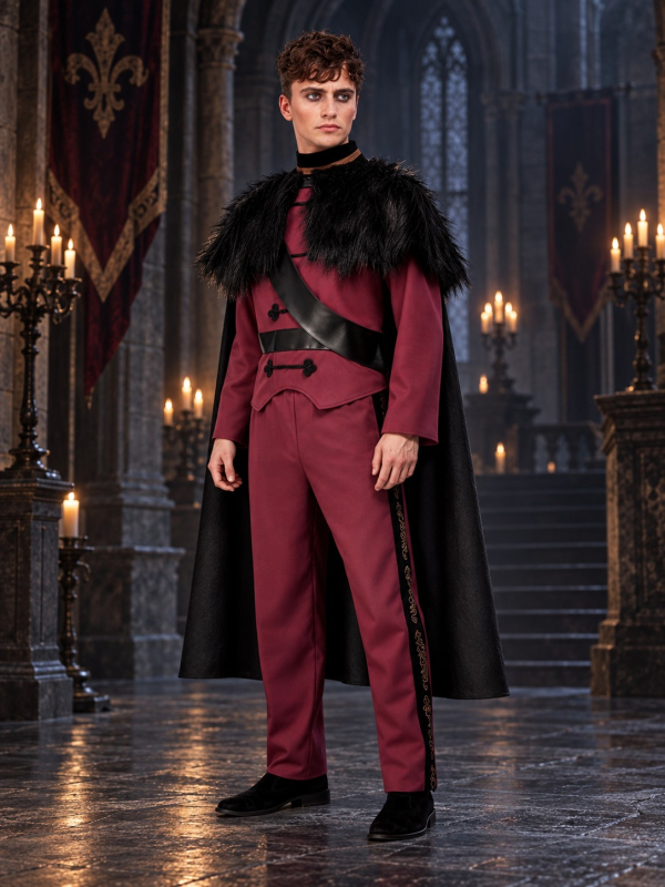 Déguisement prince gothique homme bordeaux – Haut, pantalon et cape