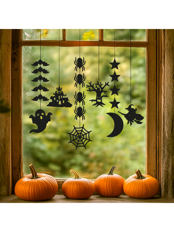 Lot de 6 suspensions Halloween en feutre noir – 100 cm