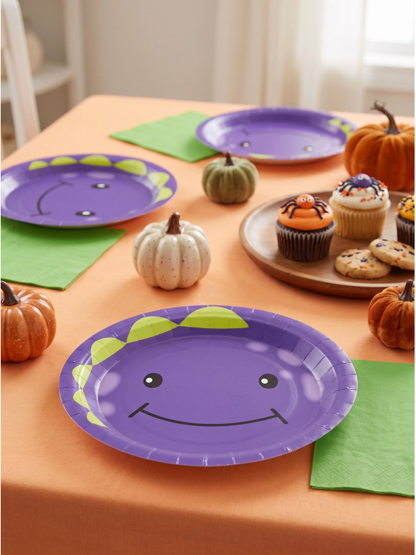Assiettes Halloween petit monstre violet en carton – 23 cm – Lot de 8