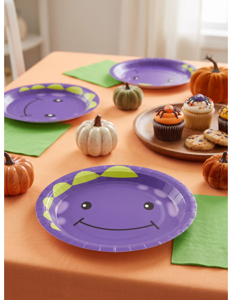 Assiettes Halloween petit monstre violet en carton – 23 cm – Lot de 8