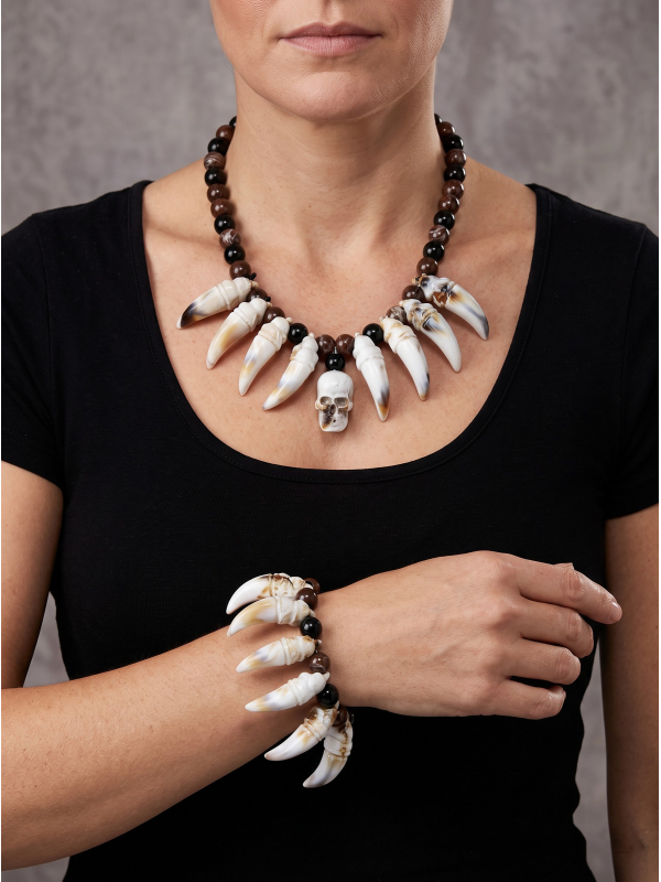 Bijoux vaudou Halloween – Collier et bracelet effet ivoire