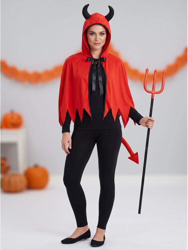Kit diable rouge adulte – Cape à cornes, queue et trident