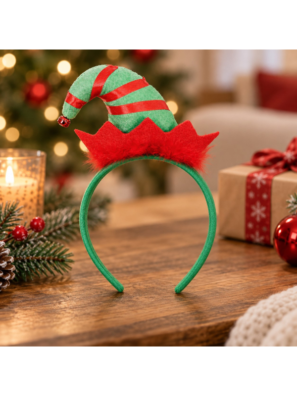 Serre-tête lutin de Noël avec mini bonnet rouge et vert