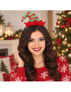 Serre-tête lutin de Noël avec mini bonnet rouge et vert 2