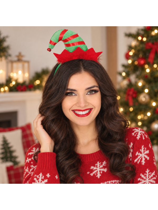 Serre-tête lutin de Noël avec mini bonnet rouge et vert