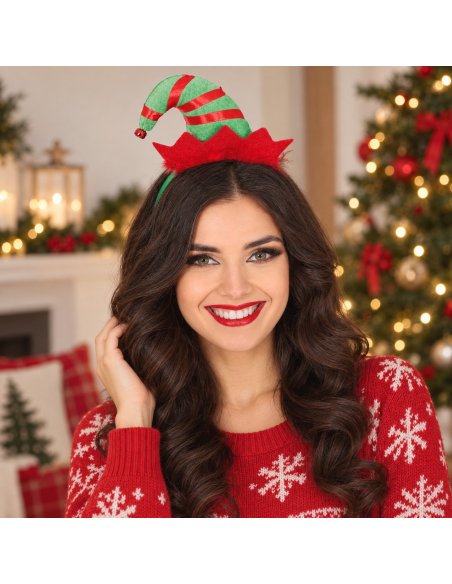 Serre-tête lutin de Noël avec mini bonnet rouge et vert